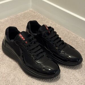 Men’s Prada Sneakers Black Patent Leather and Mesh. Prada size 11 = US 12.